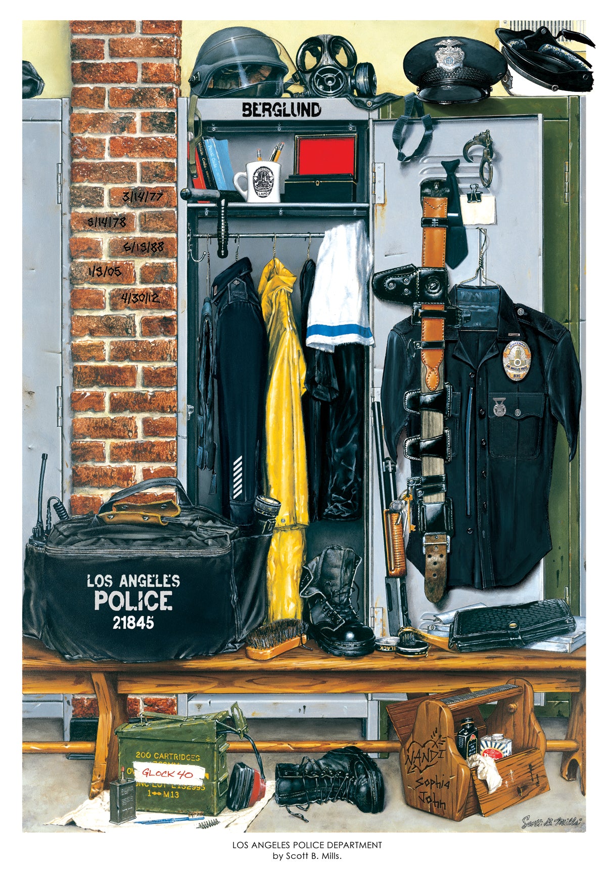 Collection of Los Angeles Police Department equipment including a helmet, jacket, and gear on a table against a brick wall.