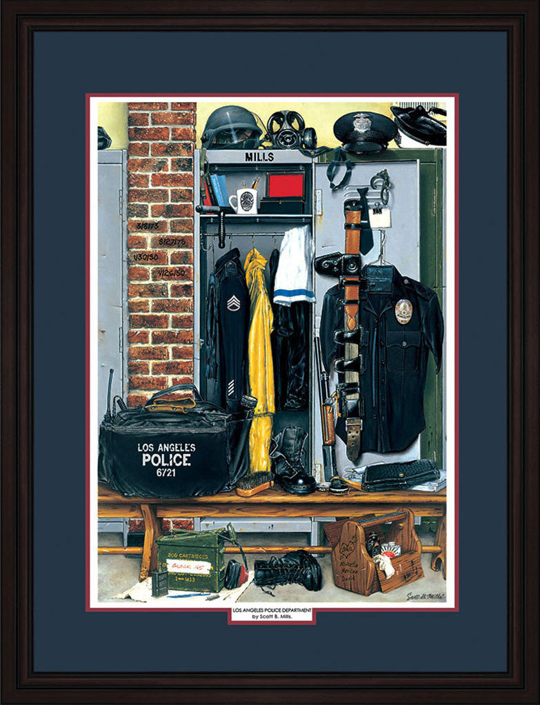 A framed artwork featuring equipment and clothing items associated with the LAPD, including a badge, patch, and various gear.